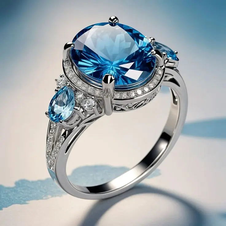 Bague vintage avec cristal bleu | Or blanc