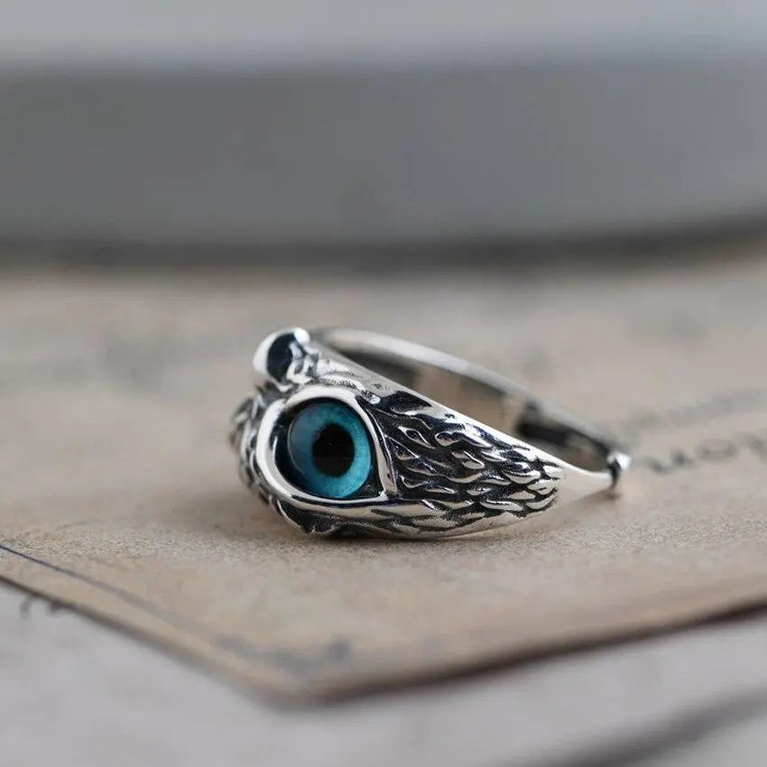 Bague hibou porte-bonheur ajustable avec opale | Or blanc