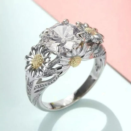 Bague vintage avec tournesol en jaune | Or blanc