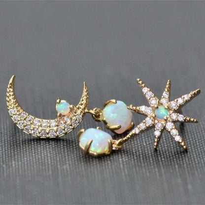 Boucles d'oreilles lune et étoile et opale | Or
