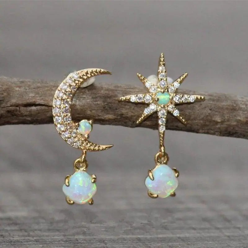 Boucles d'oreilles lune et étoile et opale | Or