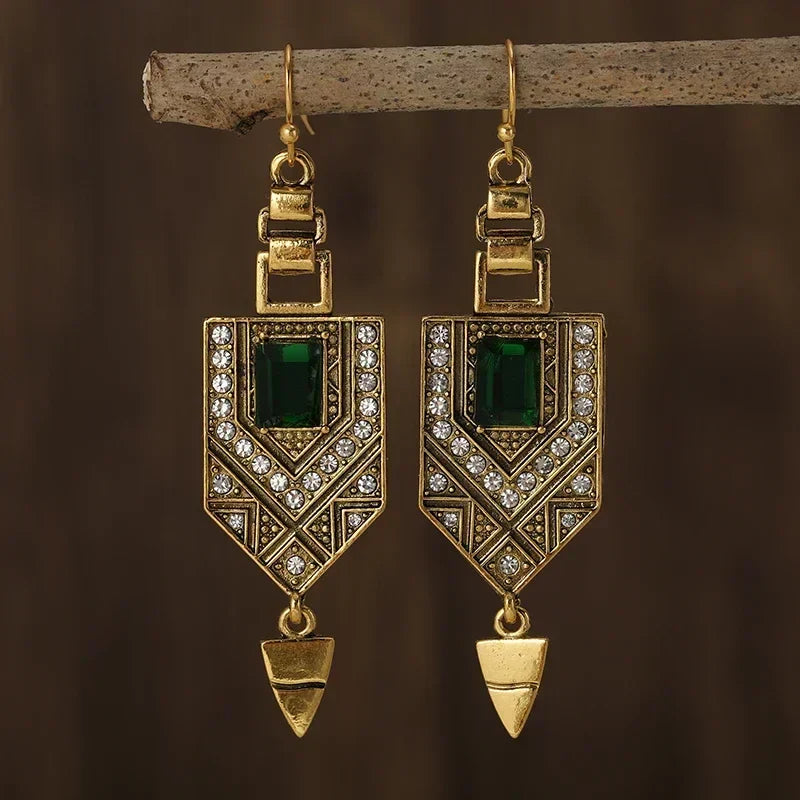 Boucles d'oreilles géométriques rétro et vert | Or
