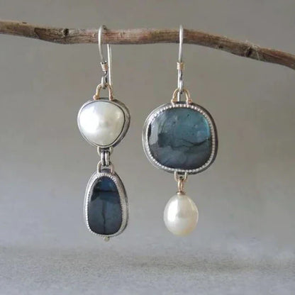 Boucles d'oreilles vintage avec pierres naturelles et perles | Or blanc
