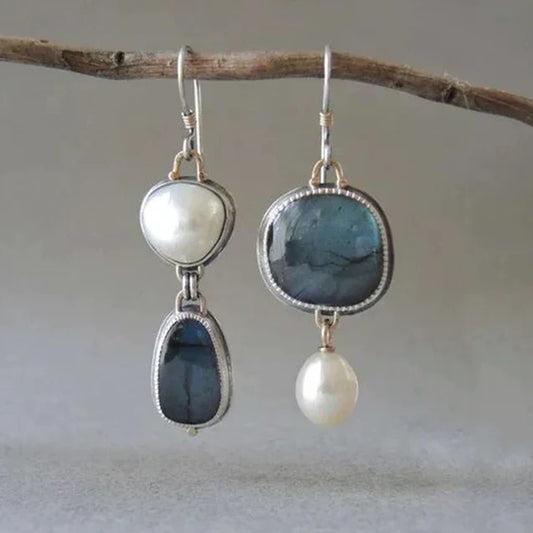 Boucles d'oreilles vintage avec pierres naturelles et perles | Or blanc