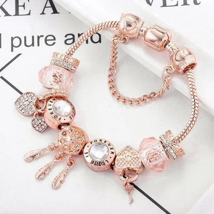 Bracelet capteur de rêves rose avec pendentifs | Or blanc