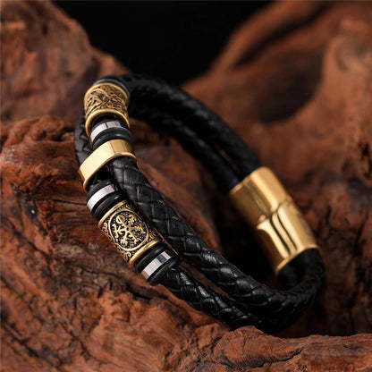 Bracelet en cuir noir tressé avec pendentif | Or