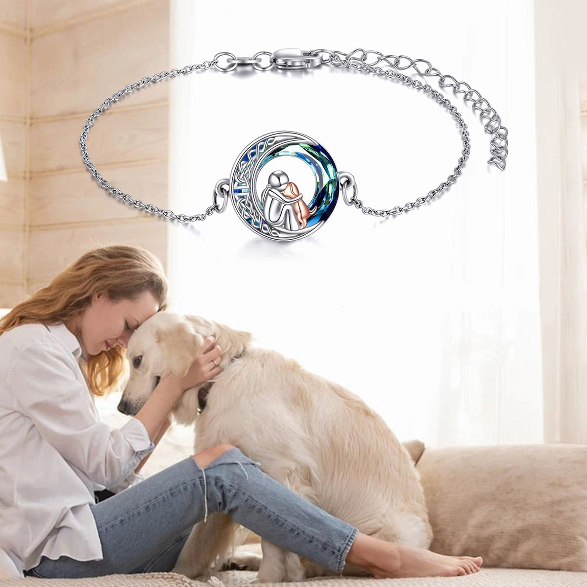 Bracelet réglable avec pendentif en forme de chien | Or blanc