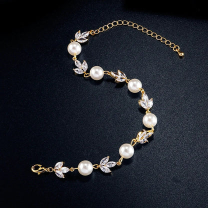 Bracelet rétro avec perles et feuilles en couleur or | Or