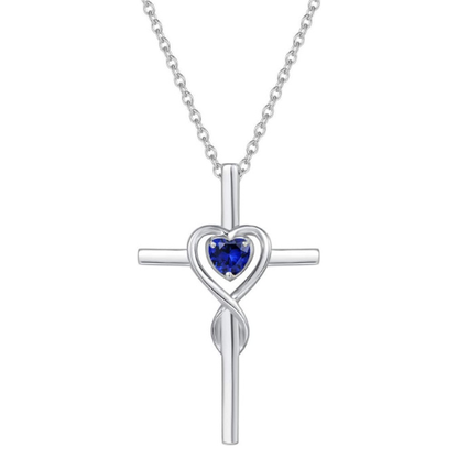 Collier croix en pierre de cœur saphir | Or blanc