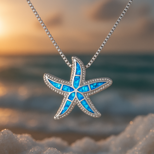 Collier avec étoile de mer lumineuse et opale | Or blanc