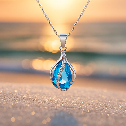 Collier en goutte fait main à brillants bleus | Or
